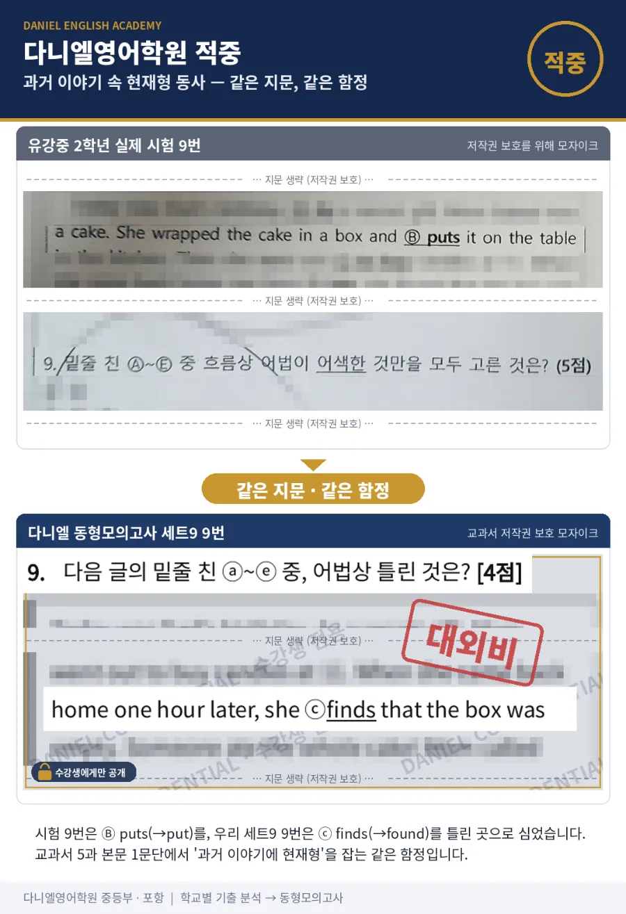 [유강중 2학년] 2학기 중간 영어, 25문항 중 21문항(84%) 적중 — 교과서 밖 지문 3편까지 미리 풀었습니다