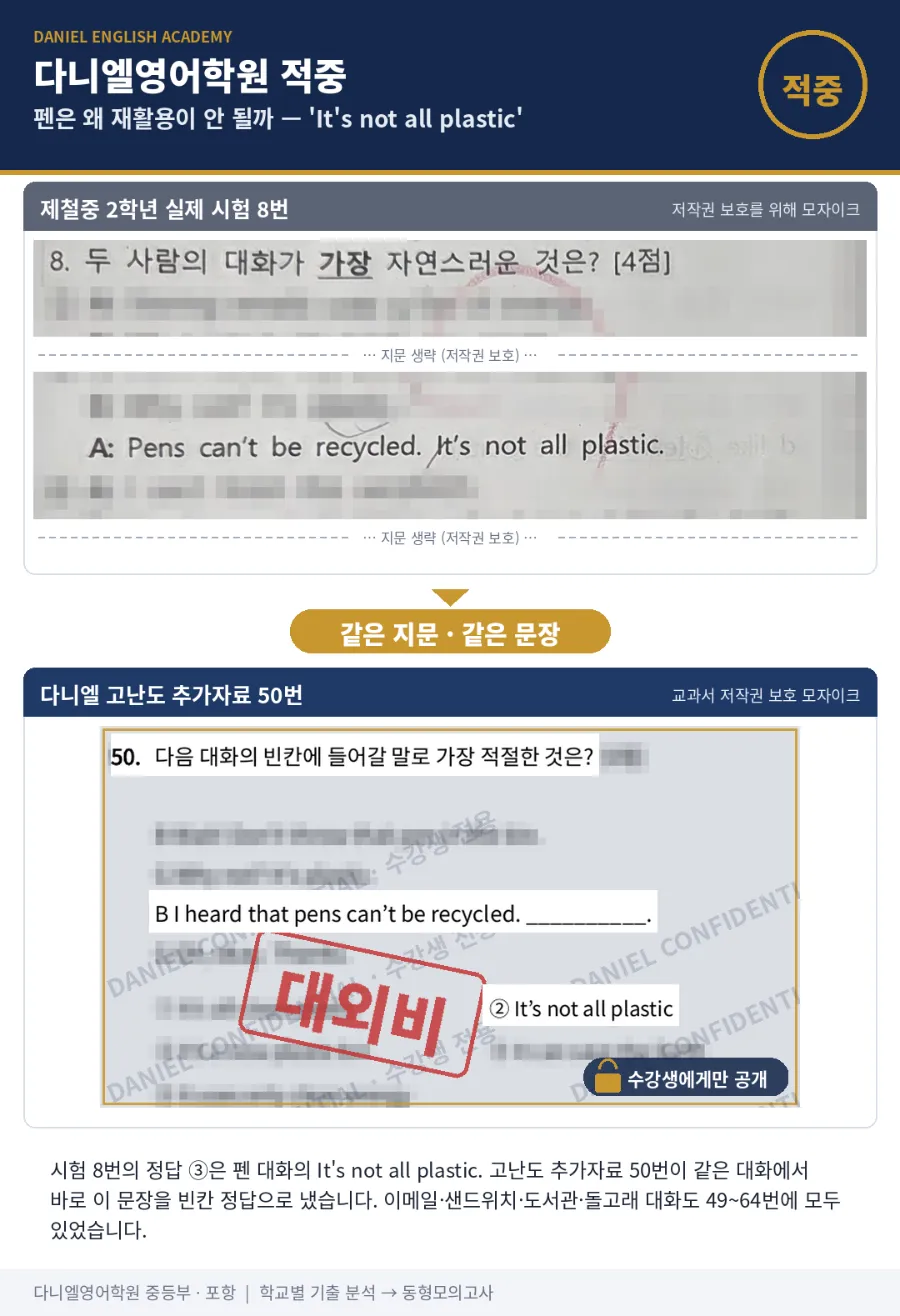 [포항제철중 2학년] 2학기 중간 영어, 26문항 중 19문항(73%) 적중 — 산호 일기 빈칸은 정답 문장까지 같았습니다