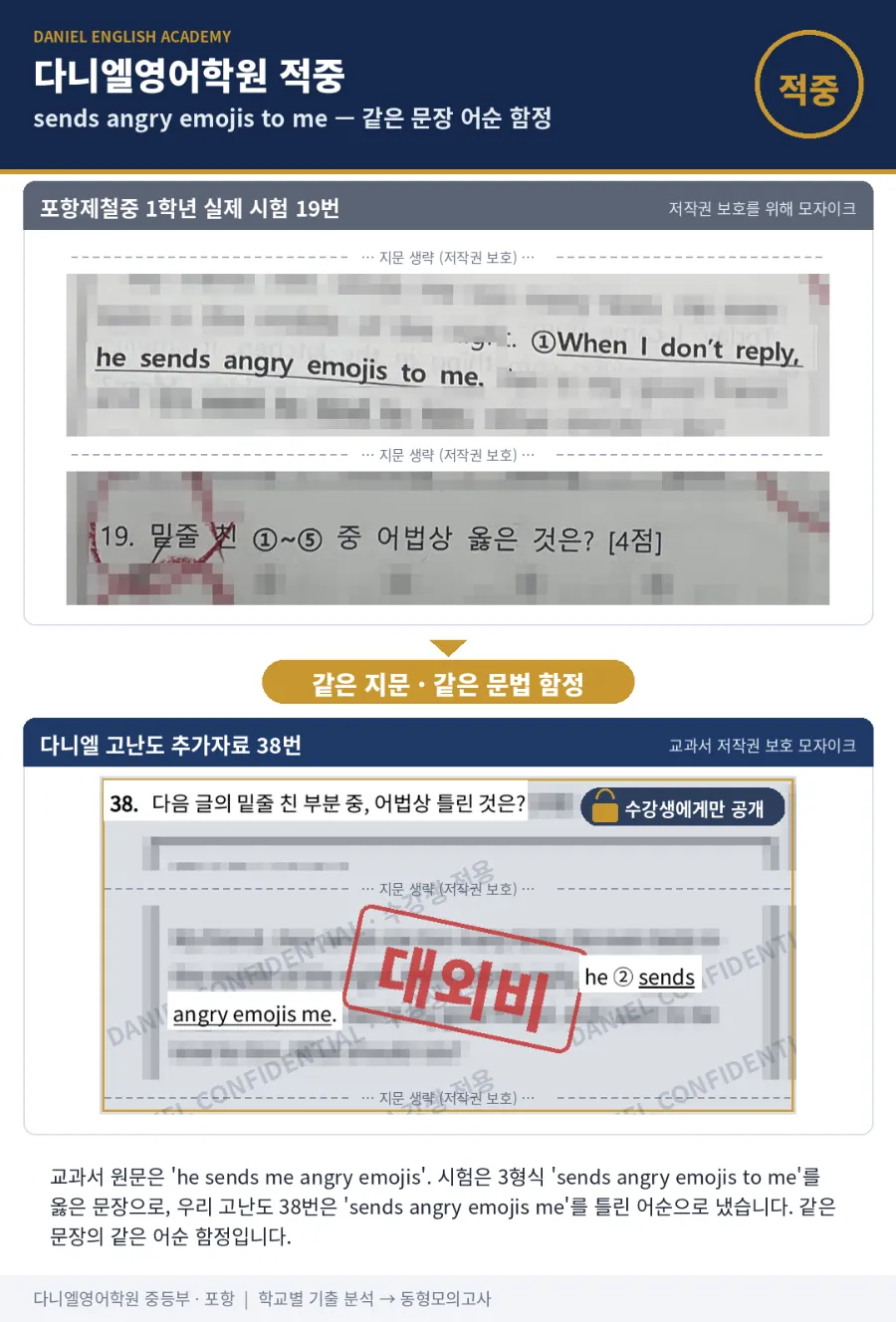 [포항제철중 1학년] 2학기 중간 영어, 26문항 중 15문항 적중 — 대화문·일기로 바꾼 본문 속 같은 함정까지