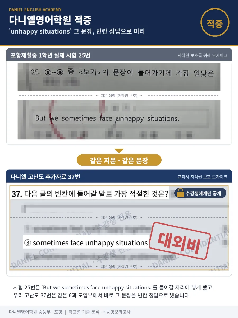 [포항제철중 1학년] 2학기 중간 영어, 26문항 중 15문항 적중 — 대화문·일기로 바꾼 본문 속 같은 함정까지