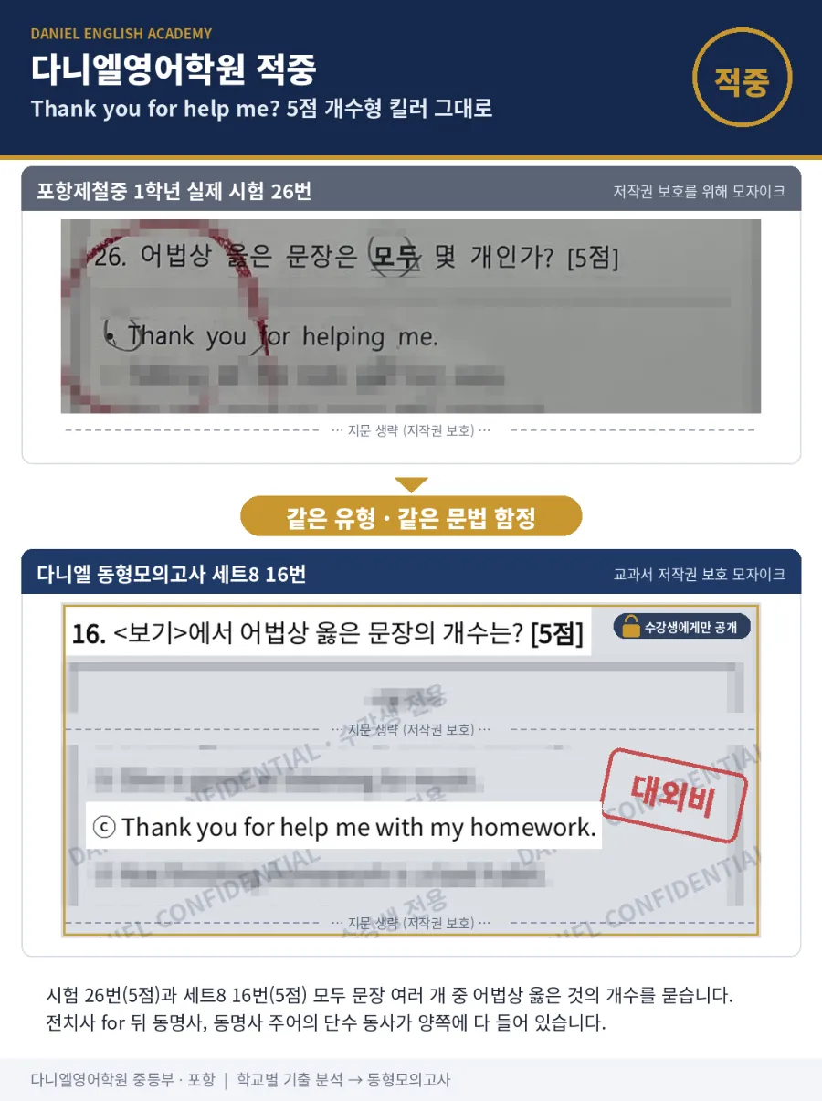 [포항제철중 1학년] 2학기 중간 영어, 26문항 중 15문항 적중 — 대화문·일기로 바꾼 본문 속 같은 함정까지