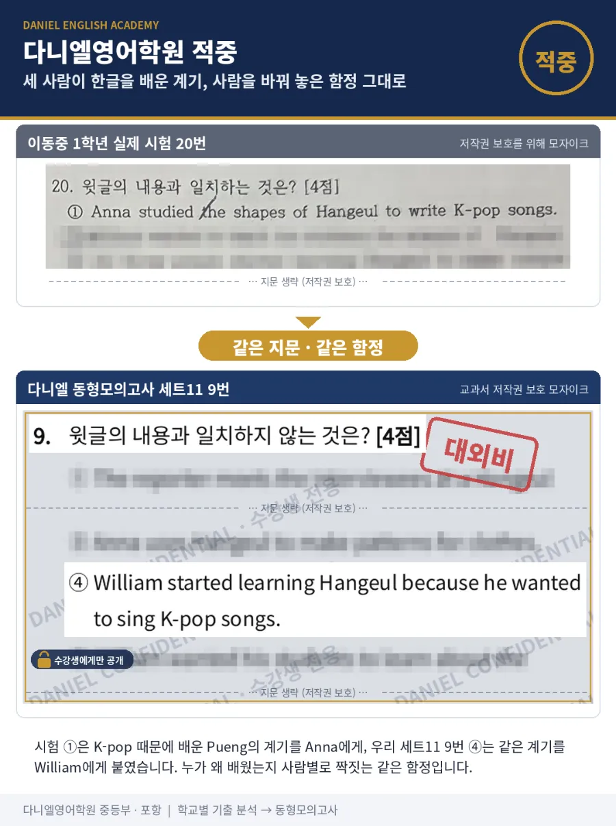 [이동중 1학년] 2학기 중간 영어, 26문항 중 13문항 적중 — 'They look happily' 교과서 그 문장까지
