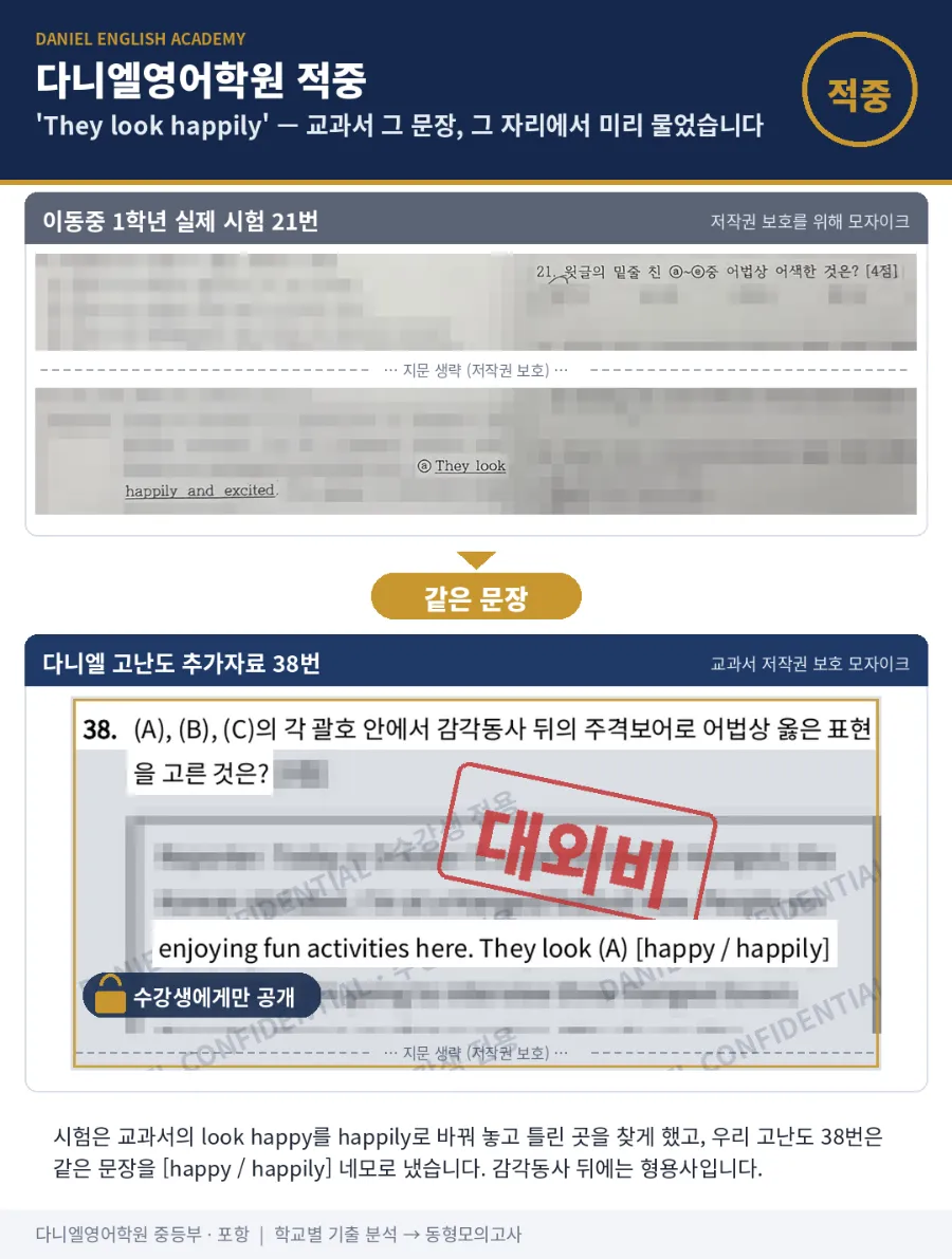 [26년 2학기 중간 포항 중등 영어 적중] 7개 학교 180문항 중 109문항(61%), 같은 지문·같은 함정까지 실제 시험지로 확인했습니다