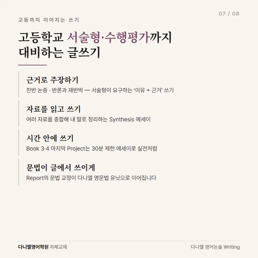 다니엘이 직접 만든 영어 쓰기 교재 「다니엘 영어논술 Writing」 — 문장 한 줄부터 고등 서술형·수행평가 에세이까지