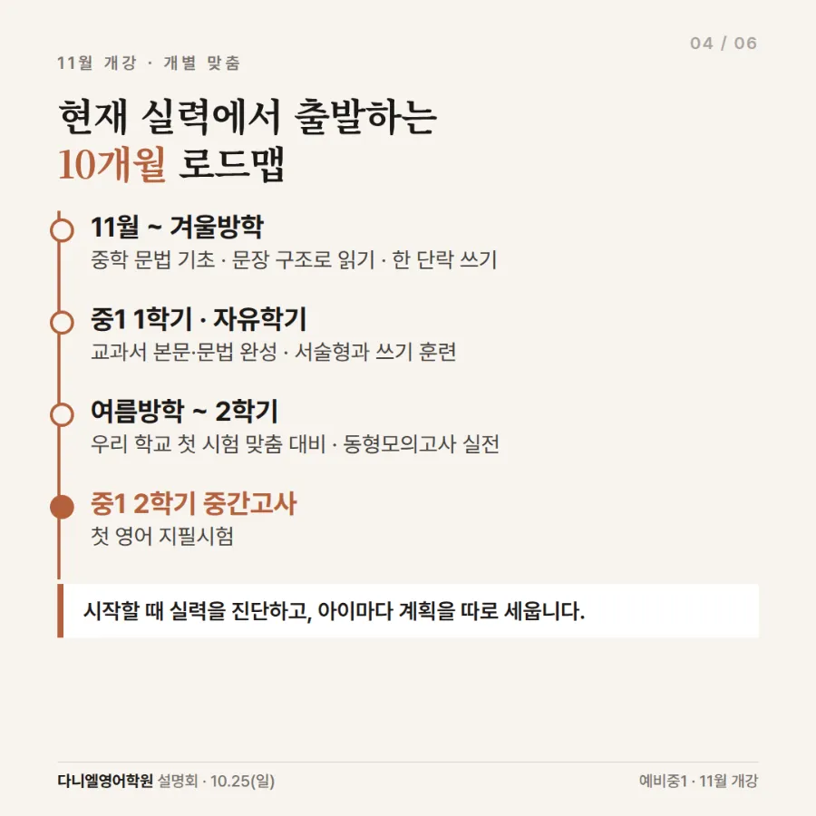 예비중1 학부모 설명회 10/25(일) 낮 12시 — 중학교 첫 내신까지 딱 10개월, 학교 시험 대비 로드맵